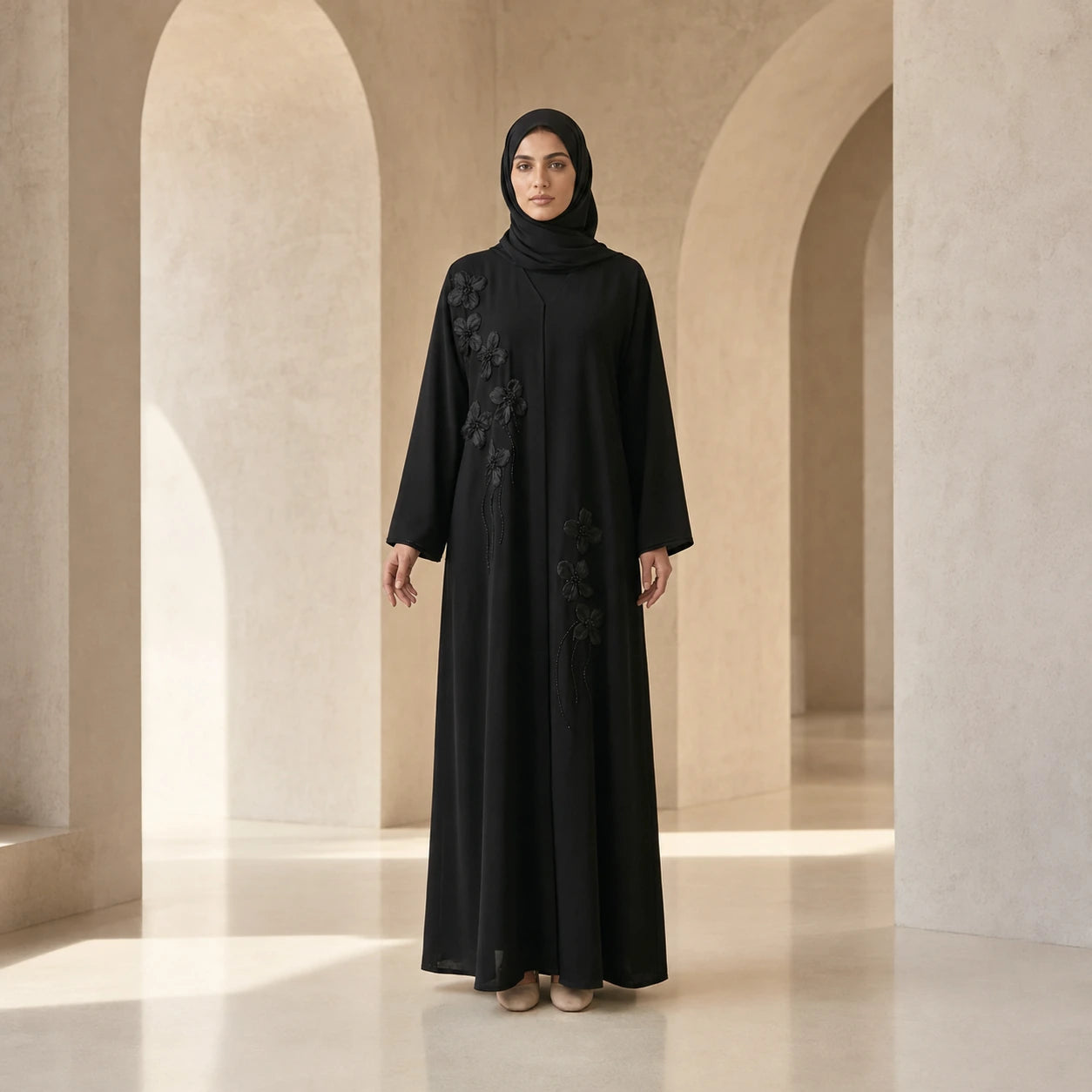 Noir Organza Blossom Abaya