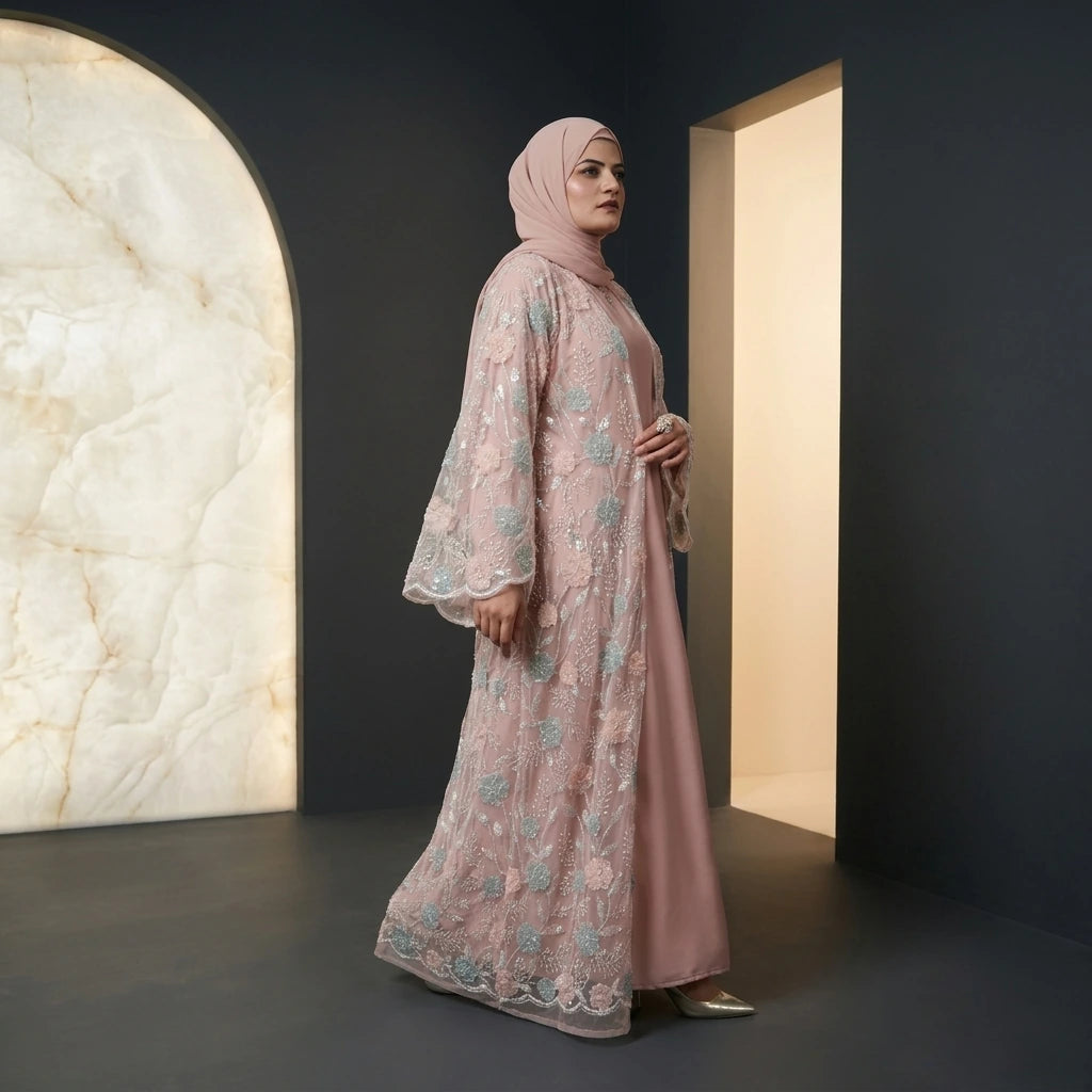 Blush Dantel Embellished Kimono Set