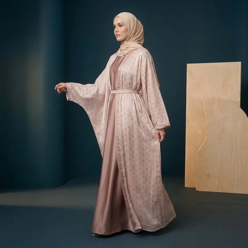 Rose Organza Embellished Kimono Set