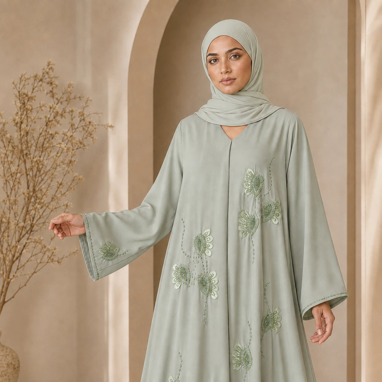 Seafoam Organza Blossom Abaya
