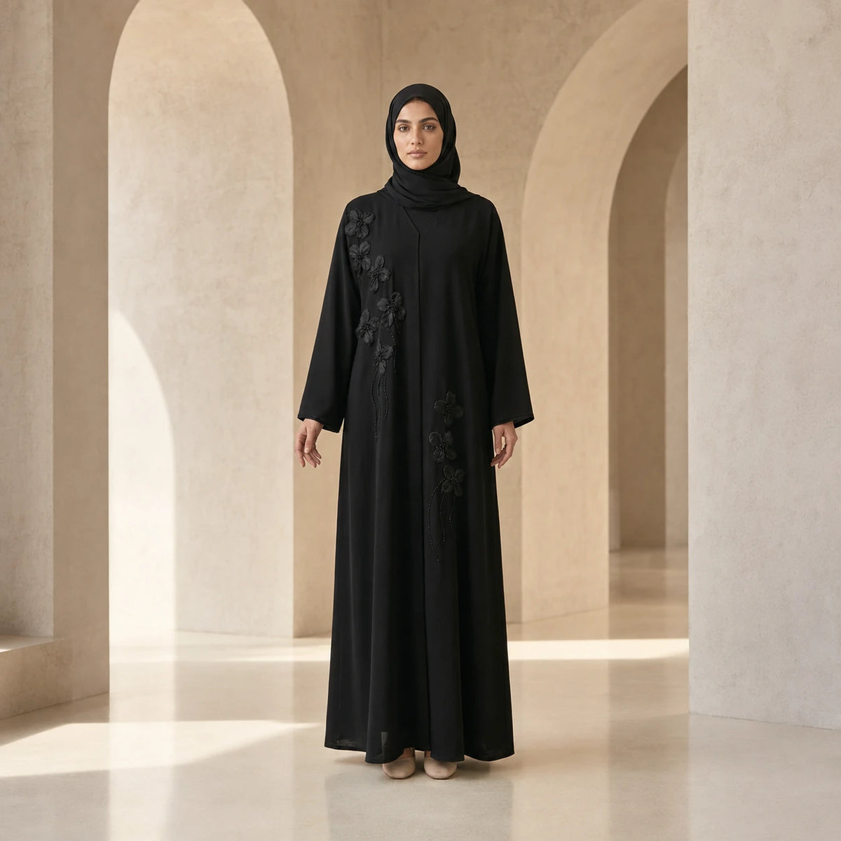 Noir Organza Blossom Abaya