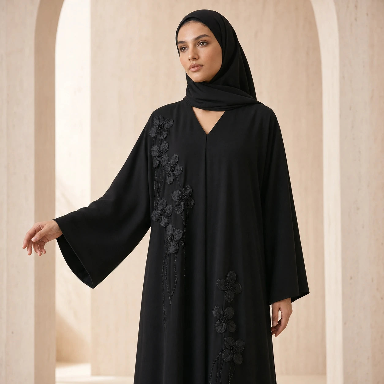 Noir Organza Blossom Abaya