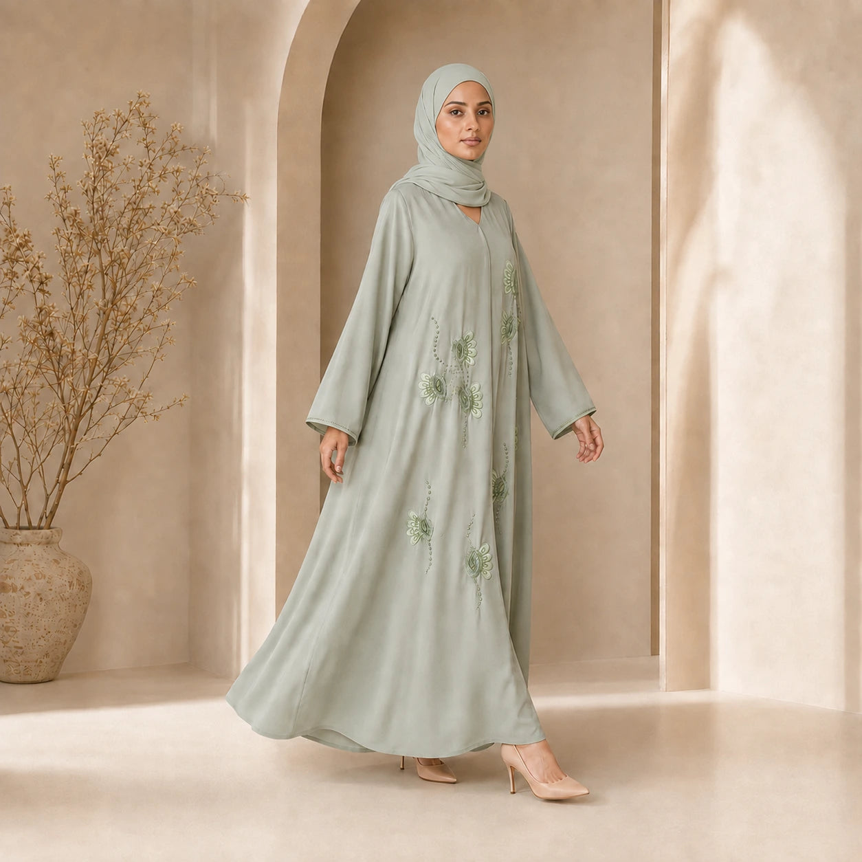 Seafoam Organza Blossom Abaya
