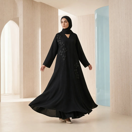 Noir Organza Blossom Abaya