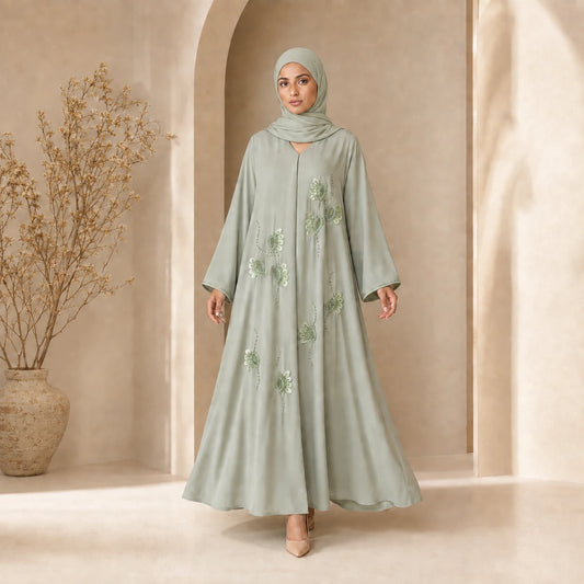 Seafoam Organza Blossom Abaya