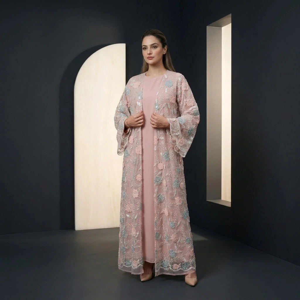 Blush Dantel Embellished Kimono Set