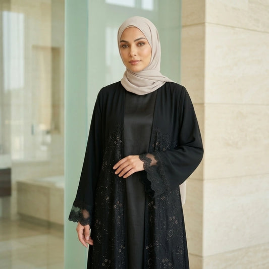 Noir Dantel Bridal Satin Abaya Set