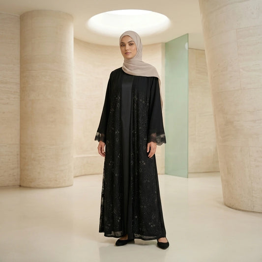 Noir Dantel Bridal Satin Abaya Set