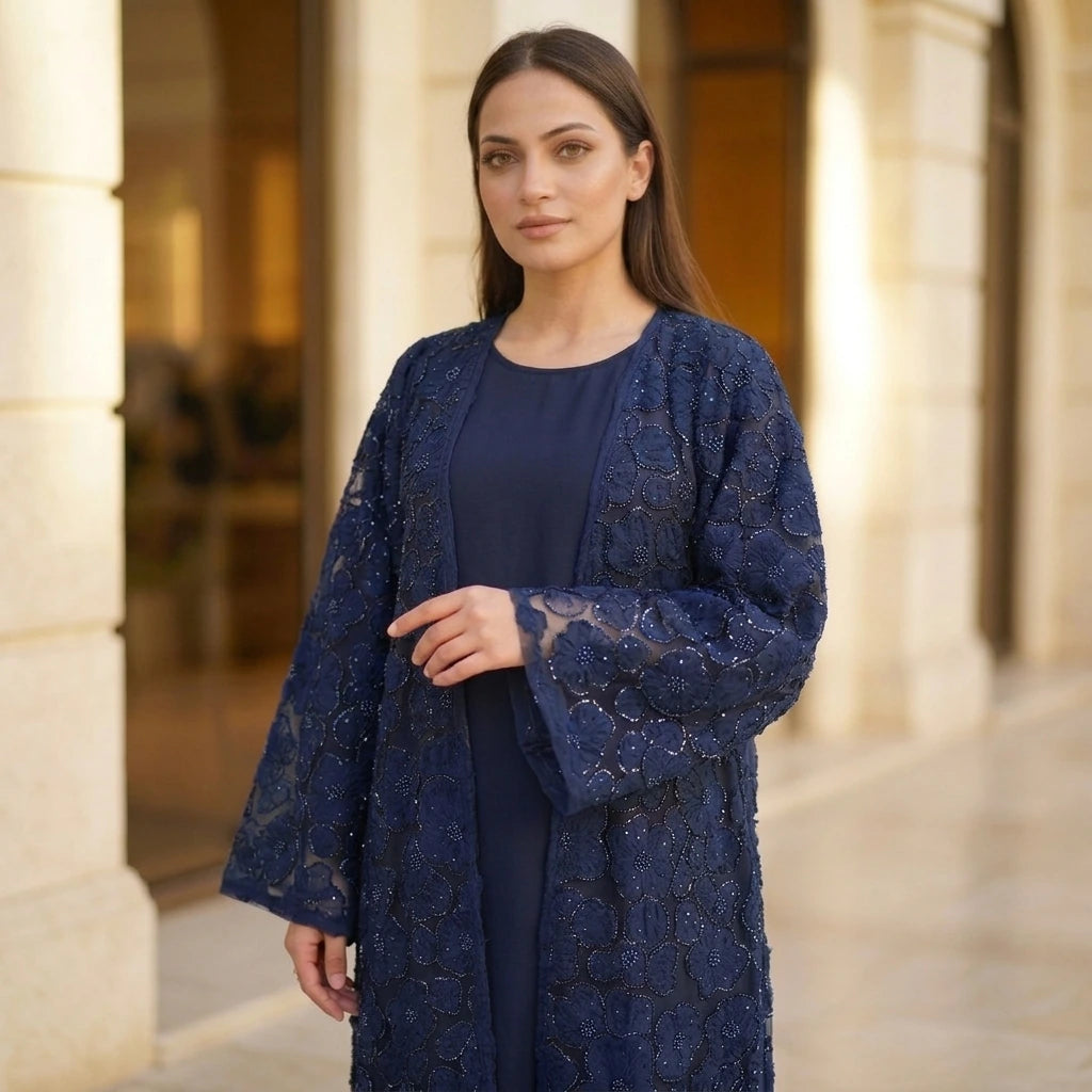 Azure Floral Sequin Layered Abaya