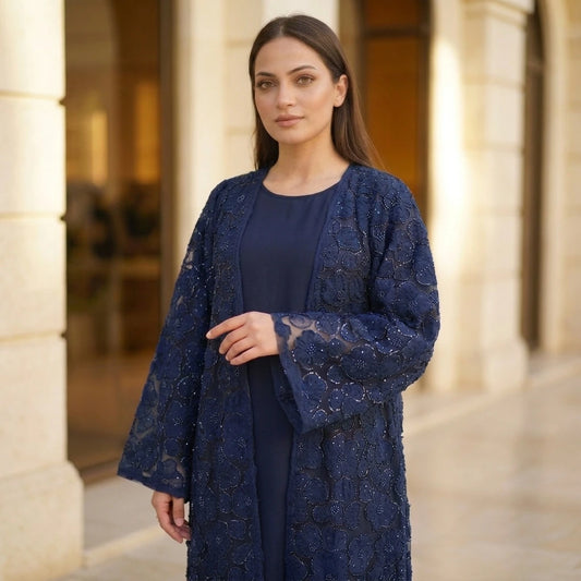 Azure Floral Sequin Layered Abaya