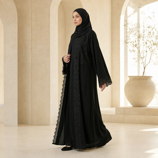 Noir Lace & Rhinestone Kimono Set