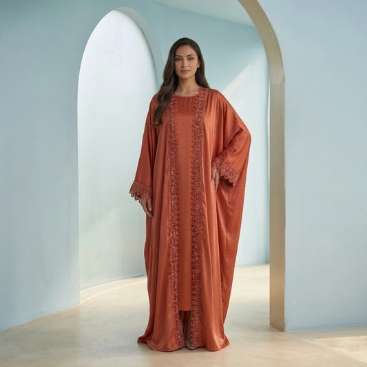 Burnt Orange Pleated Satin Abaya